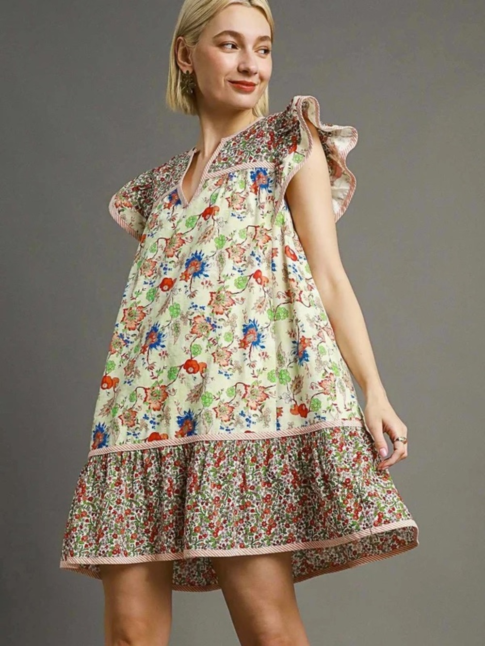 Umgee Mixed Floral Flutter Sleeve Drop Waist Mini Dress | Cream Multi | Small